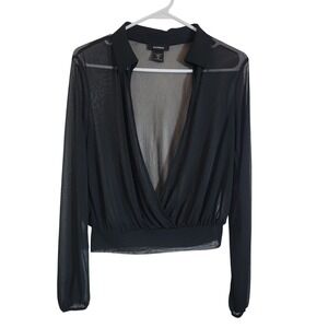 Express Vintage Y2K Black Sheer Mesh Deep V-Neck Surplice Cropped Top Medium